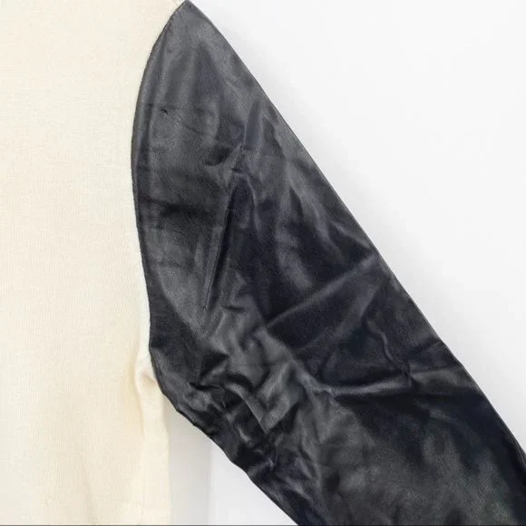 Ann Taylor XS Cream Sweater with Black Faux Leather Sleeves Zipper Accent - Picture 5 of 7